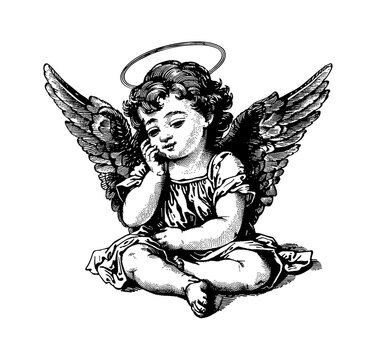 recommend clip art: baby angel engraving black and white outline