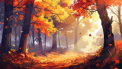 forest with trees and leaves, autumn, anime cartoon style