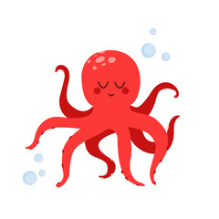 Cute octopus . Vector illustration on white transparent isolated background. Sea animal. Children's illustration in flat style . Underwater life.