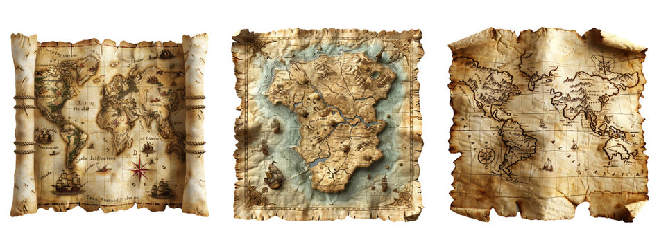 Vintage Pirate Treasure Maps Isolated on Transparent Background