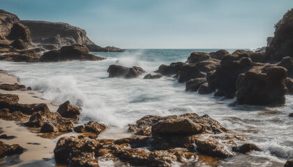 A picturesque rocky shoreline with unique rock formations, tide pools, and waves gently crashing