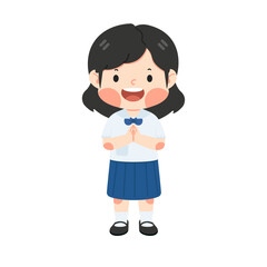 girl student greeting sawasdee cartoon