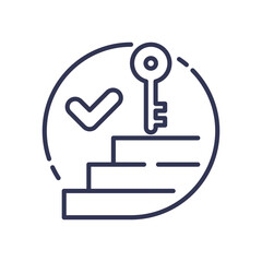 Icon of a key, stairs, and checkmark symbolizing access levels.