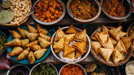 An appetizing spread of Indian street food, including samosas, chaat, and pakoras.