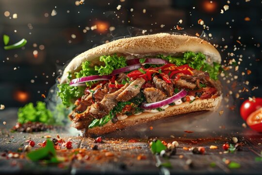 fresh grilled beef turkish or chicken arabic shawarma doner sandwich with flying ingredients and spices