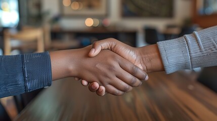 Close-up of hands holding each other during an interview in an office setting, with a focus on the handshake and papers on the table, captured in high resolution with soft studio lighting