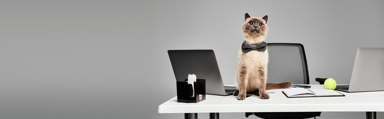 A curious cat sits gracefully on a cluttered desk in a cozy studio, surrounded by papers and pens.