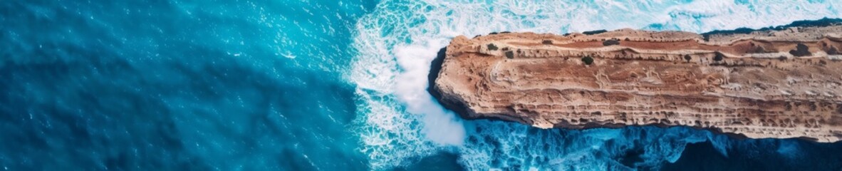 Obraz premium aerial view of a rugged coastal cliff with turquoise ocean water and white waves crashing against the shore - a stunning natural landscape photo.