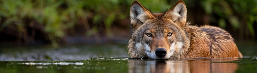 Fototapeta premium red wolf emerging from water in forest - wild animal portrait, close up, nature photography, predatory mammal, wilderness, wildlife conservation, animal behavior, nature scene