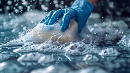 Hand in blue rubber glove, white cleaning sponge, grey marble countertop, soap bubbles, water droplets, dynamic cleaning action.