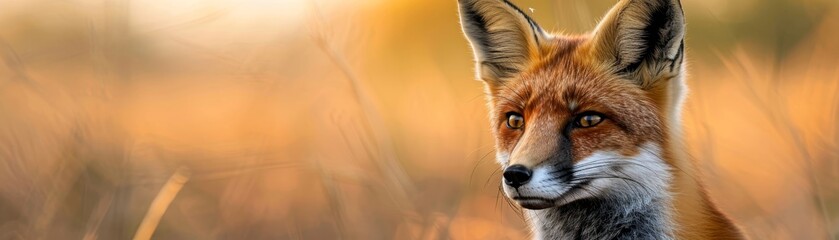 Fototapeta premium red fox portrait in warm sunset light - close-up of curious and alert animal in nature.