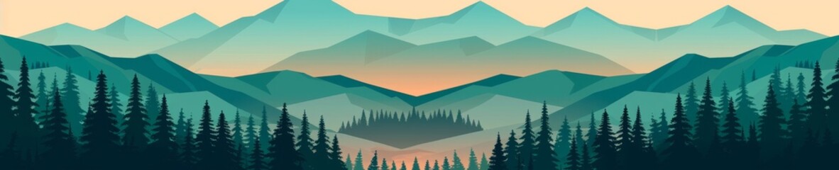 Fototapeta premium serene mountain landscape with misty peaks and a forest silhouette at dawn