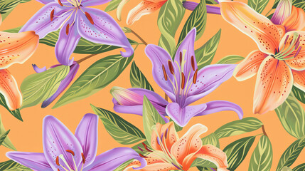 Colorful lily floral pattern with rich colors and abstract brushstrokes, perfect for art and design projects.