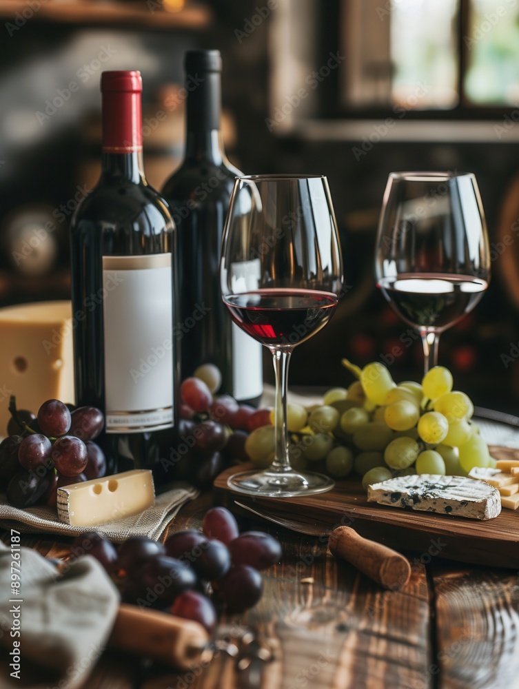Poster two wine glasses filled with red wine sit on a wooden table, alongside two bottles of wine and a sel