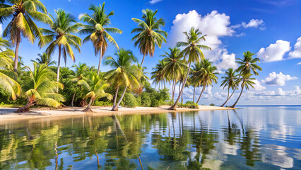 A picturesque view of a tropical beach with palm trees lining the shoreline. The calm, clear water reflects the bright blue sky and fluffy white clouds
