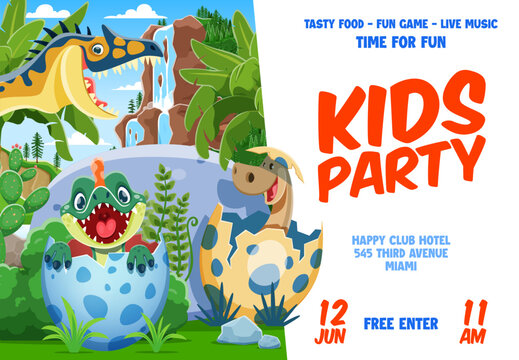 Kids party flyer with cute little dino in egg shells for entertainment event or birthday, vector poster, Funny happy Jurassic dinosaurs on invitation flyer for kids hotel club party and family picnic
