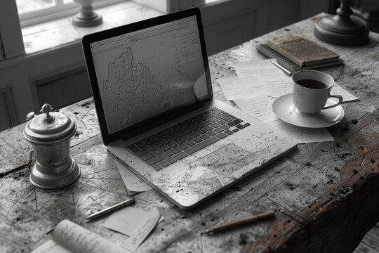 A laptop rests on a dusty wooden table surrounded by scattered papers a coffee cup and a silver grinder
