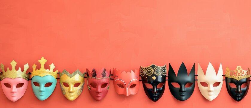 colorful venetian carnival masks in a row on red background - festive celebration, party decorations, masquerade, costume, holiday, celebration, event, theatre, performance - Powered by Adobe