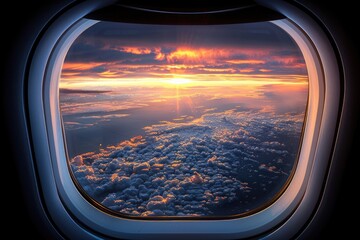A fiery sunset illuminates a vast expanse of fluffy clouds seen through the window of an airplane