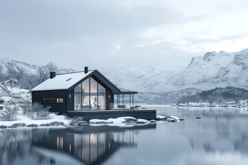 Fototapeta premium house in Scandinavian style near water and snowy mountains