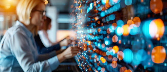 Data-Driven Decisions: A focused female professional analyzes data points on a digital display, illuminated by a vibrant array of colorful dots. 