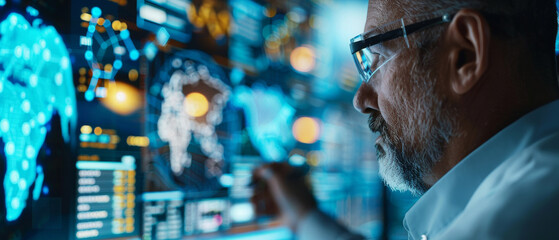 Data Driven Decisions:  A focused, mature, expert scientist in a high-tech lab analyzes data on a screen full of vibrant digital visualizations. The image captures the essence of innovation & research