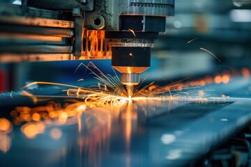 Industrial laser cutting processing manufacture technology of flat sheet metal steel material with sparks
