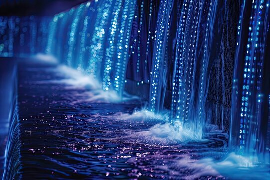 A digital waterfall cascading with binary code, representing the flow of innovation in a tech startup