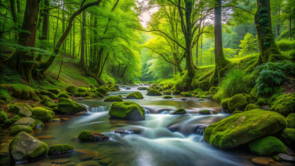 Obraz premium A tranquil stream flows through a verdant forest, its waters gently cascading over moss-covered rocks