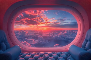 A plush seat with a panoramic window offers a view of a fiery sunset over a sea of clouds