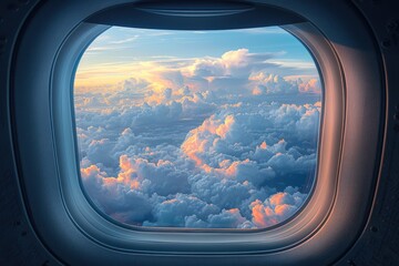 A mesmerizing view of fluffy clouds illuminated by the warm glow of a setting sun as seen through an airplane window