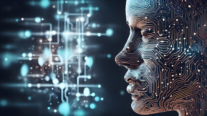Abstract digital human face. Artificial intelligence concept of big data or cyber security. Futuristic innovative technologies. Generative ai.