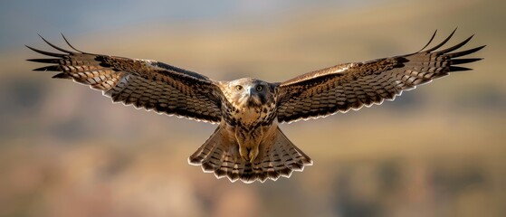 Obraz premium majestic buzzard hawk in flight, sharp wings spread, wild bird soaring through the air, powerful bird of prey in nature, nature photography, wilderness, wildlife photography, bird of prey, feathered a