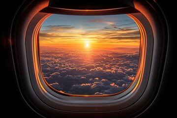 A fiery sunset blazes through the airplane window casting an orange glow on the endless expanse of clouds below