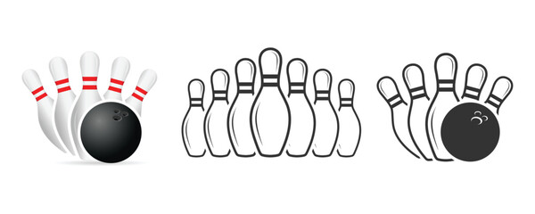 Vector set of bowling. Sport icons set. Bowling game. Bowling ball and pin icon. Simple icon skittles with ball. Logo template. Bowling club, tournaments.
