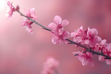 Obraz premium Delicate pink blossoms grace a slender branch their petals unfurling against a soft blushtoned background