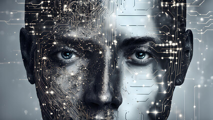 Abstract digital human face. Artificial intelligence concept of big data or cyber security. Futuristic innovative technologies. Generative ai.