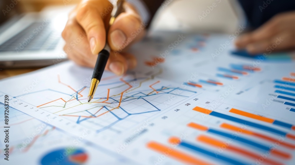 Leinwandbilder an investor studying a stock market graph printed on a report, highlighting key data points.