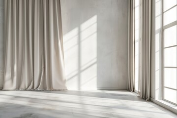 Light and Airy Room with Roomy Mockup Curtains and Wall for Display