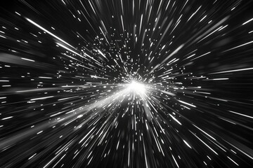 Light speed, hyperspace, space warp background. black and white streaks of light gathering towards the event horizon