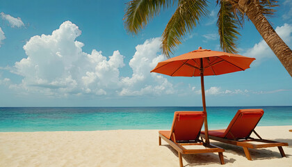 Obraz premium Two lounge chairs sit under an orange umbrella on a white sand beach. A palm tree hangs over the chairs, and the turquoise water of the ocean is visible in the background