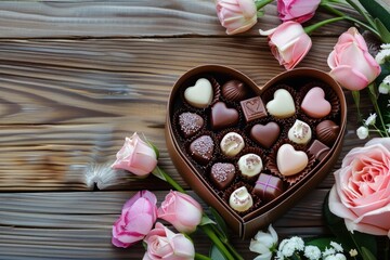 Luxury valentine chocolates in heart shaped gift box and tender flowers