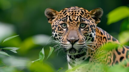Naklejka premium majestic jaguar portrait with lush green foliage - wild cat in tropical rainforest - powerful predator gazing intensely