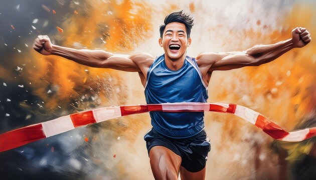 Euphoria of achievement: An oil painting of a runner crossing the finish line with a look of intense joy and relief on their face, illustrating personal triumph.