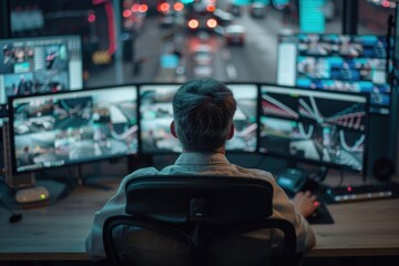 Man sits in front of computer screens, meticulously following traffic control footage to ensure smooth transportation