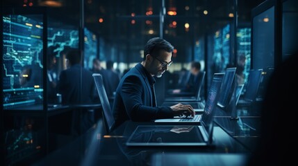 Computer engineer at work with server room and data center backgrounds, digital technology concept