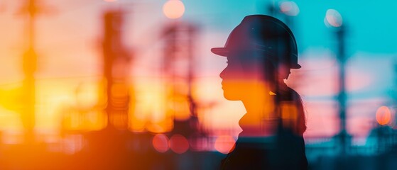silhouette of a person in a hard hat with a blurred industrial background at sunset.