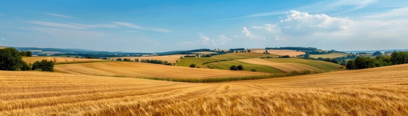 rolling hills of golden wheat field landscape under a blue sky with white clouds in summer - rural countryside scenery photography.