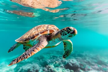 Obraz premium green sea turtle swimming underwater in crystal clear tropical ocean water with coral reefs