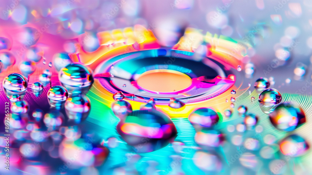 Poster colorful surface with water droplets creating vibrant reflections. abstract patterns and intricate c